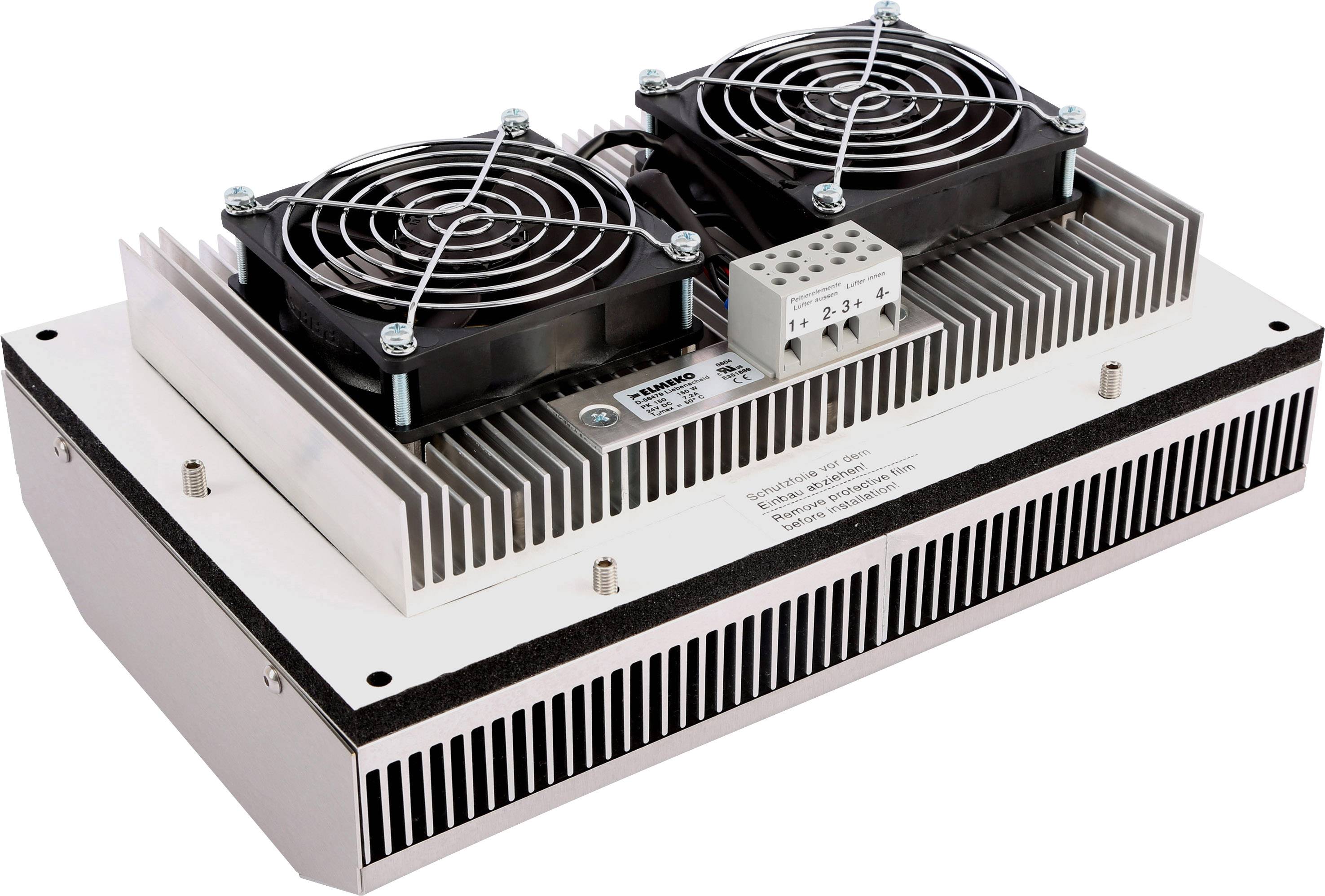Priemyselné chladiace zariadenie s dvoma ventilátormi, chladiacimi rebrami a elektrickými prípojkami. Slúži na odvod tepla v technických zariadeniach.