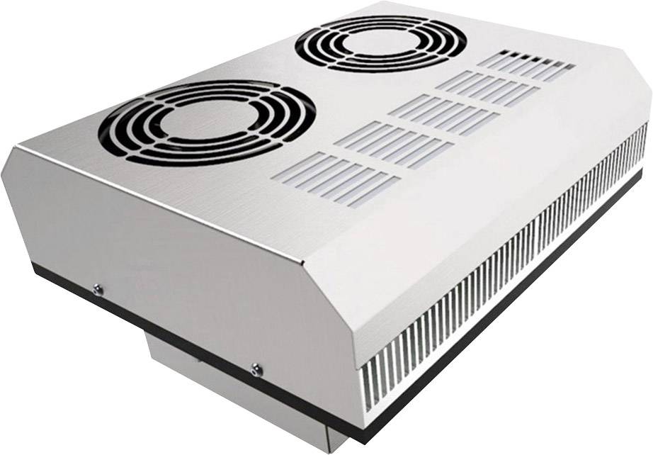 Klimatizačné zariadenie v obdĺžnikovom tvare s dvoma ventilátormi na hornej strane, vyrobené z kovu, určené pre priemyselné alebo komerčné použitie.