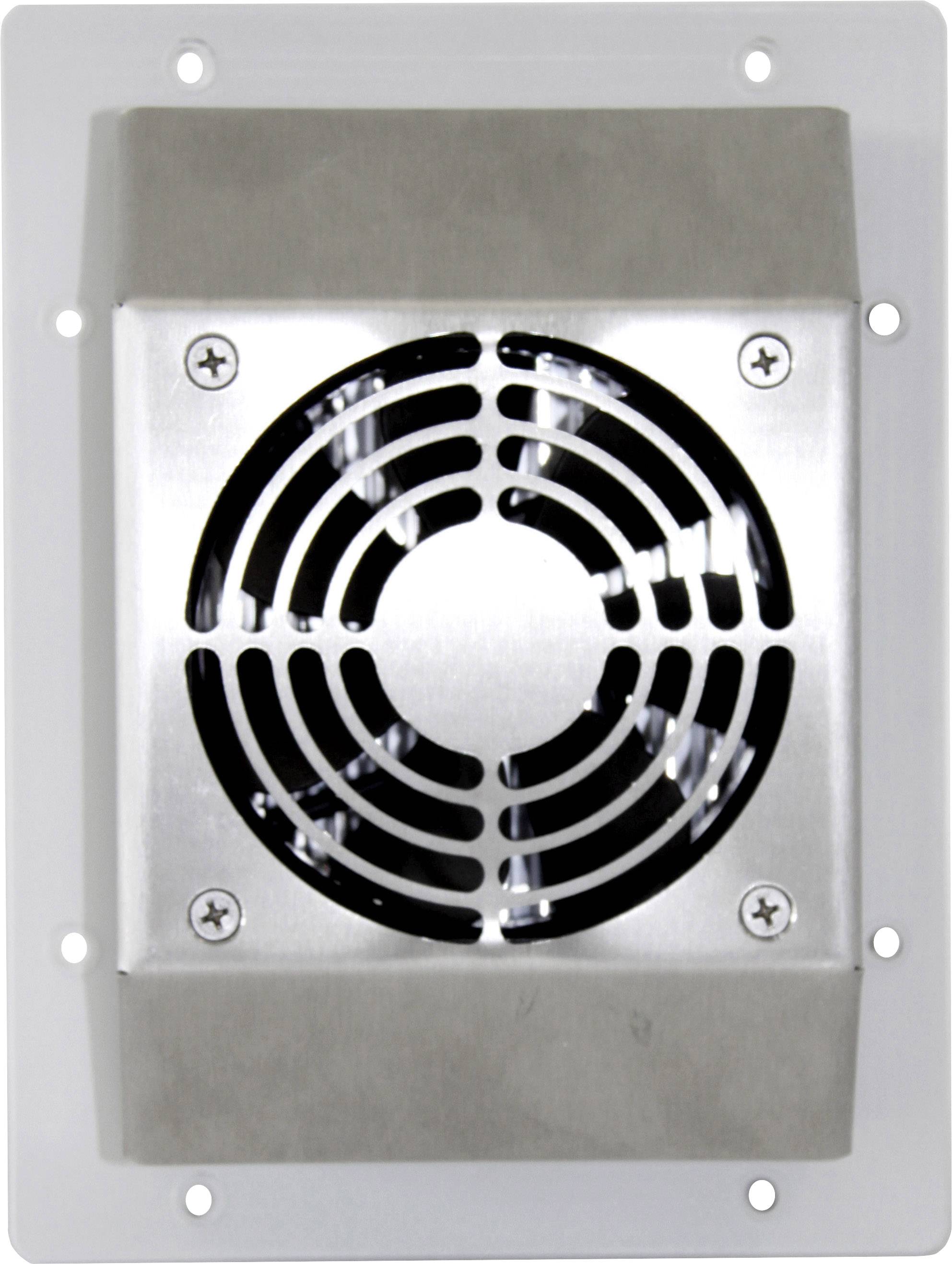 Kovový ventilátor s ochranným krytom a štyrmi viditelnými skrutkami, namontovaný na obdĺžnikovej doske.