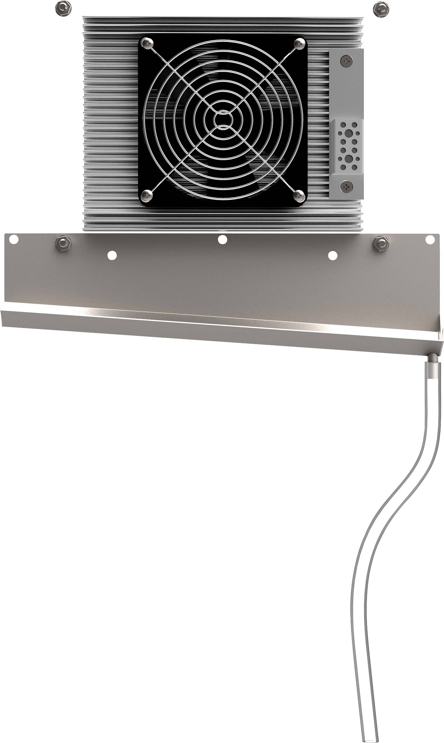 Chladič s ventilátorom a namontovaným držiakom, dva káble vedú doprava. Zariadenie slúži na chladenie elektroniky.