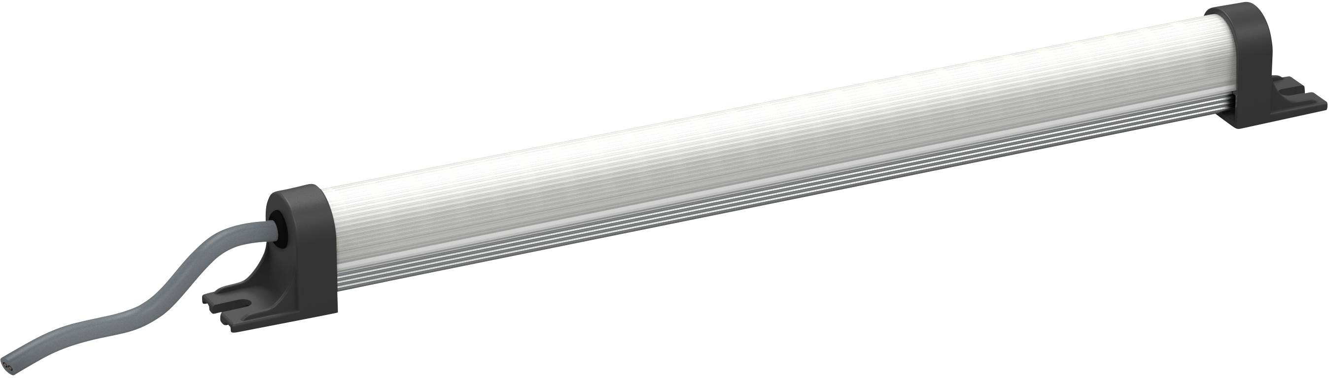 LED svetelný pás v bielom puzdre s čiernym káblom, upevnený na dvoch čiernych konzolách.