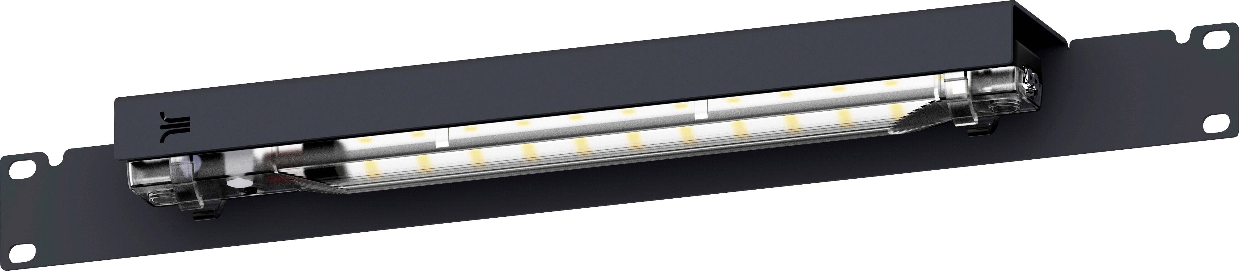 Čierny LED reflektor na kovovom držiaku, vhodný pre priemyselné alebo komerčné osvetľovacie účely.
