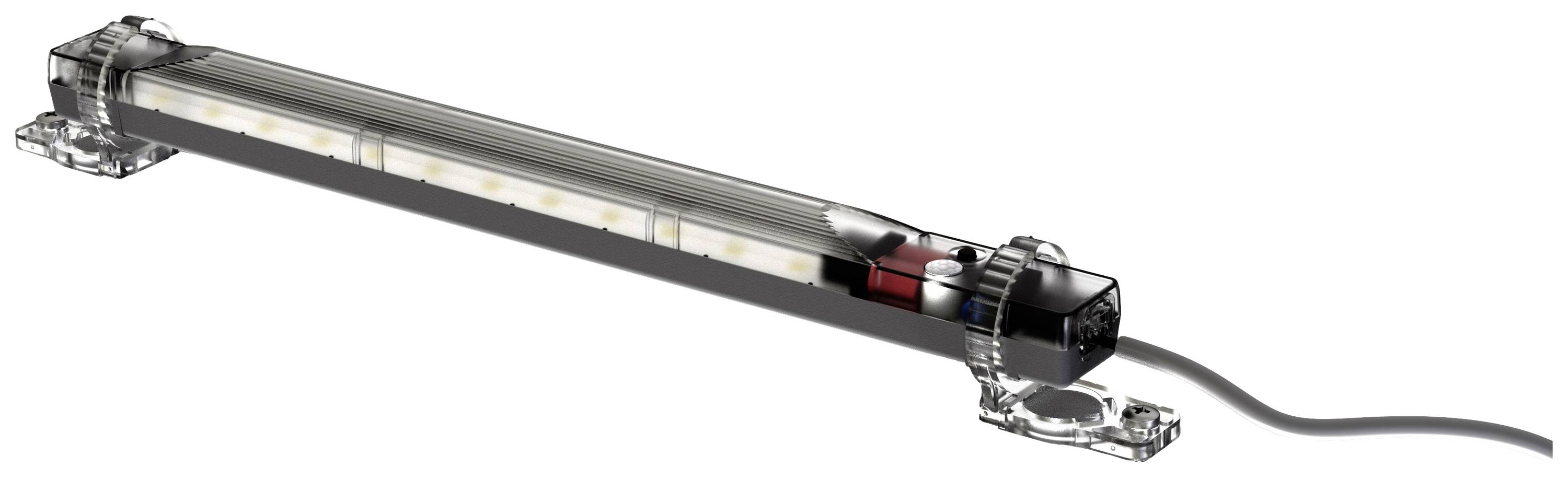 Podlhovastá LED lampa s priehľadným krytom, montážnymi úchytmi na oboch koncoch a napájacím káblom.