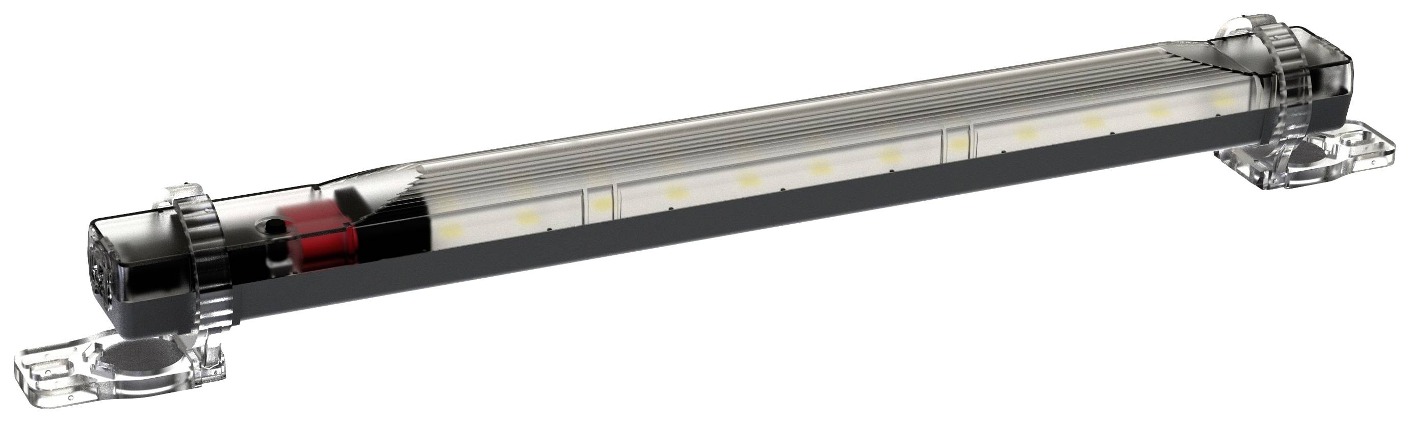 Dlhá, valcovitá LED svietidlo s priehľadným krytom a bočnými upevňovacími prvkami pre priemyselné použitie.