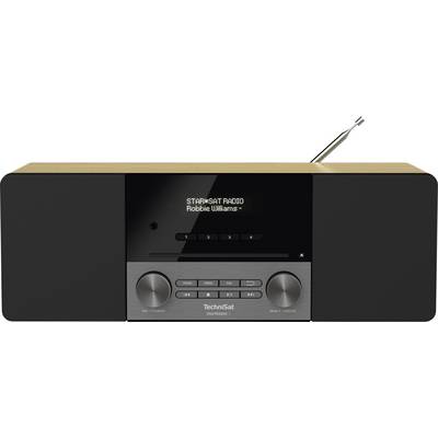 Čierne a drevo-farebné digitálne rádio s reproduktormi. Na displeji je napísané 'STARSAT RADIO Robbie Williams'. Má tlačidlá a otočné ovládače.