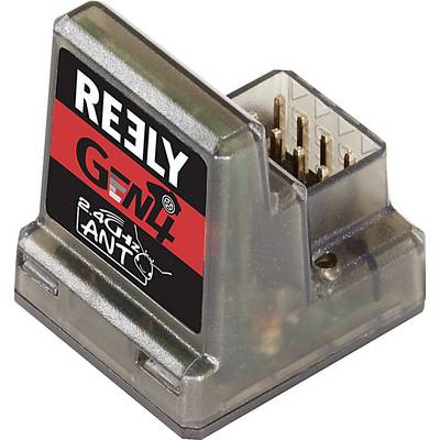 Malý, priehľadný pripojovací adaptér s nálepkou 'REELY GEN II'. Má niekoľko kovových pinov na elektronické prepojenie.