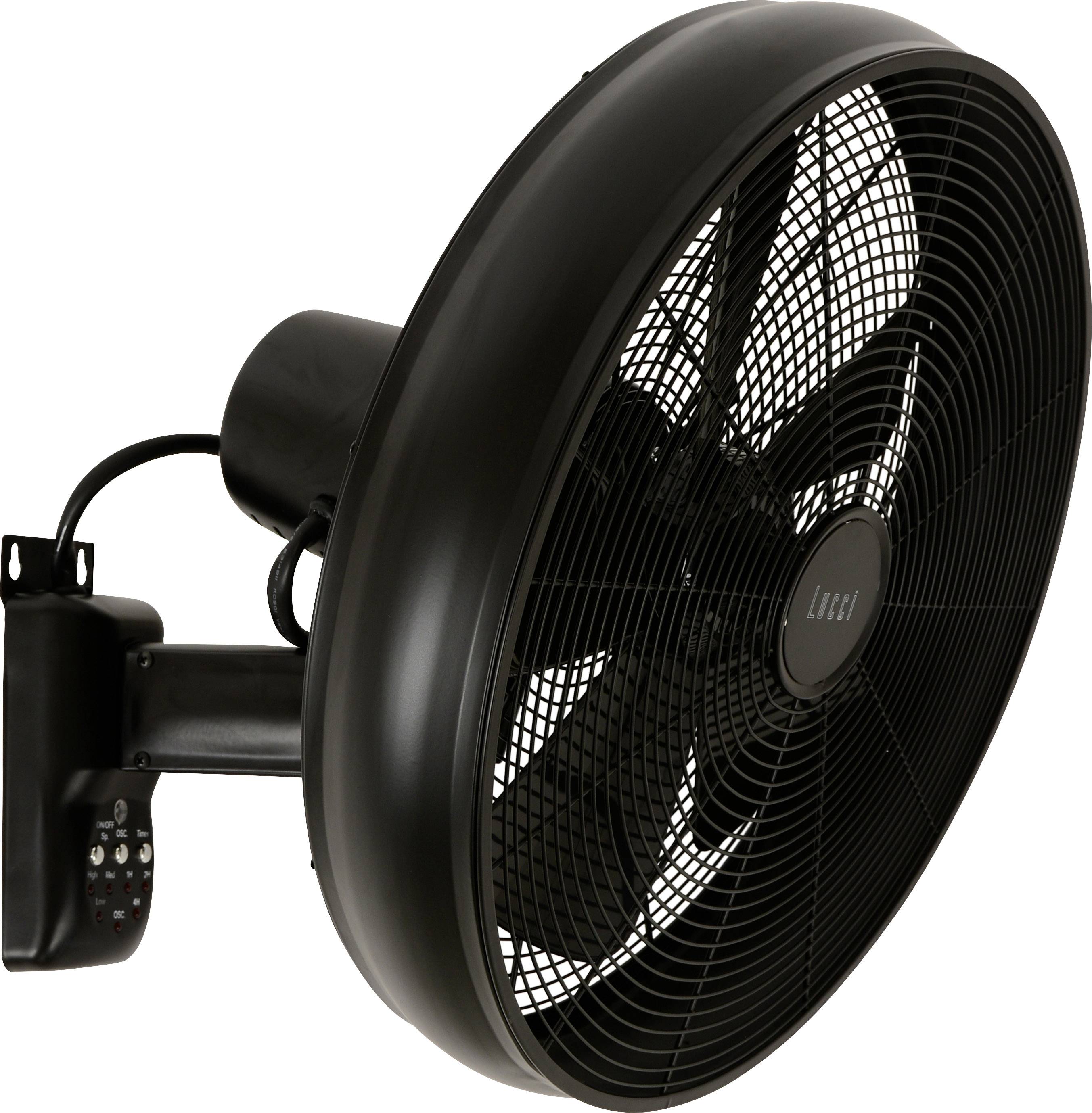 Čierny stenový ventilátor s ochranným krytom a ovládacími prvkami na spodnej časti.