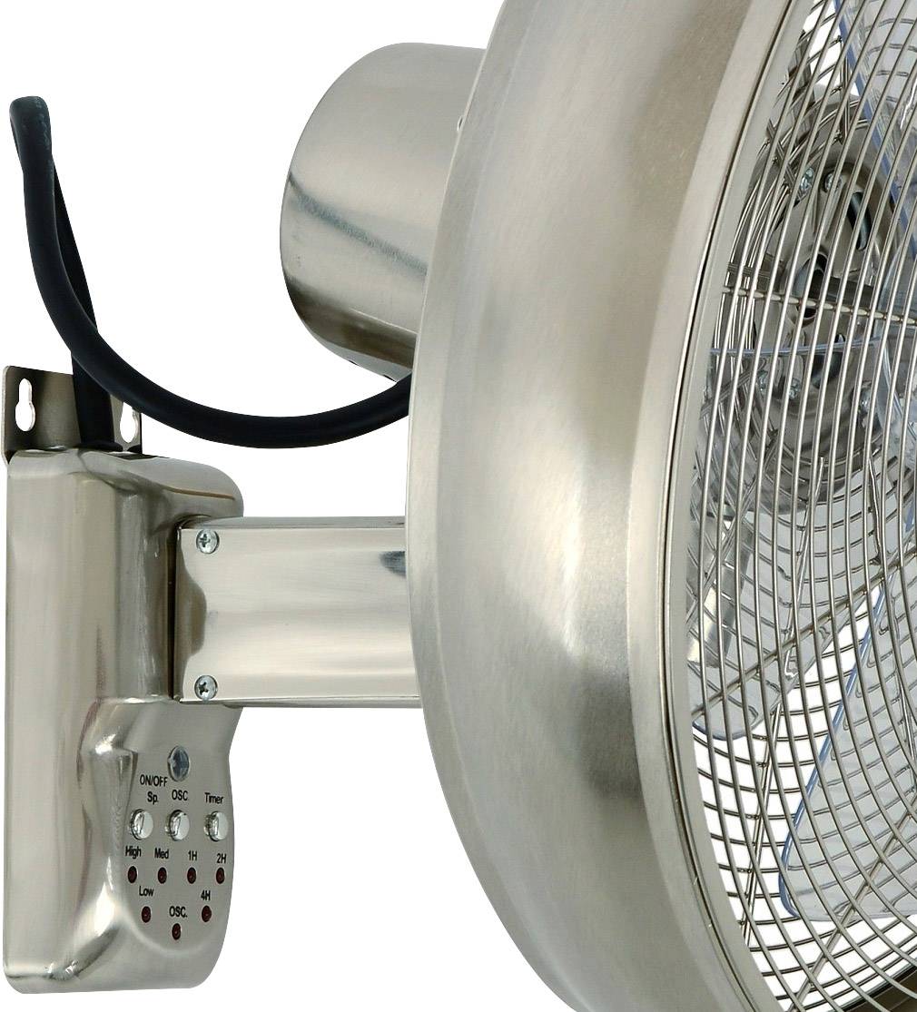 Kovový stenový ventilátor s ochranným krytom a ovládacím panelom.