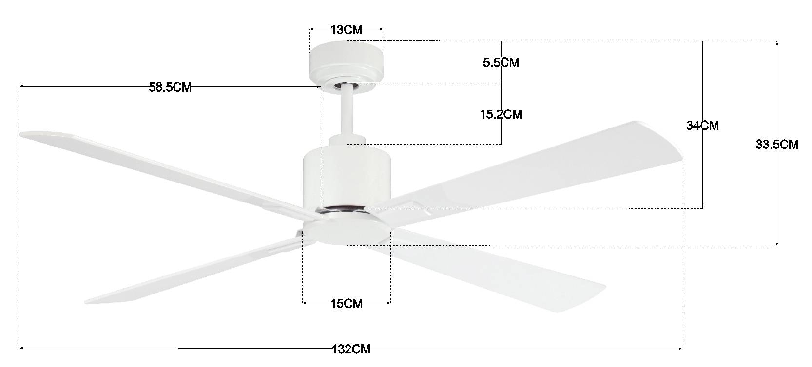 Biely stropný ventilátor so štyrmi krídlami. Rozmery: celkový priemer 132 cm, výška telesa 33,5 cm, dĺžka krídla 58,5 cm.