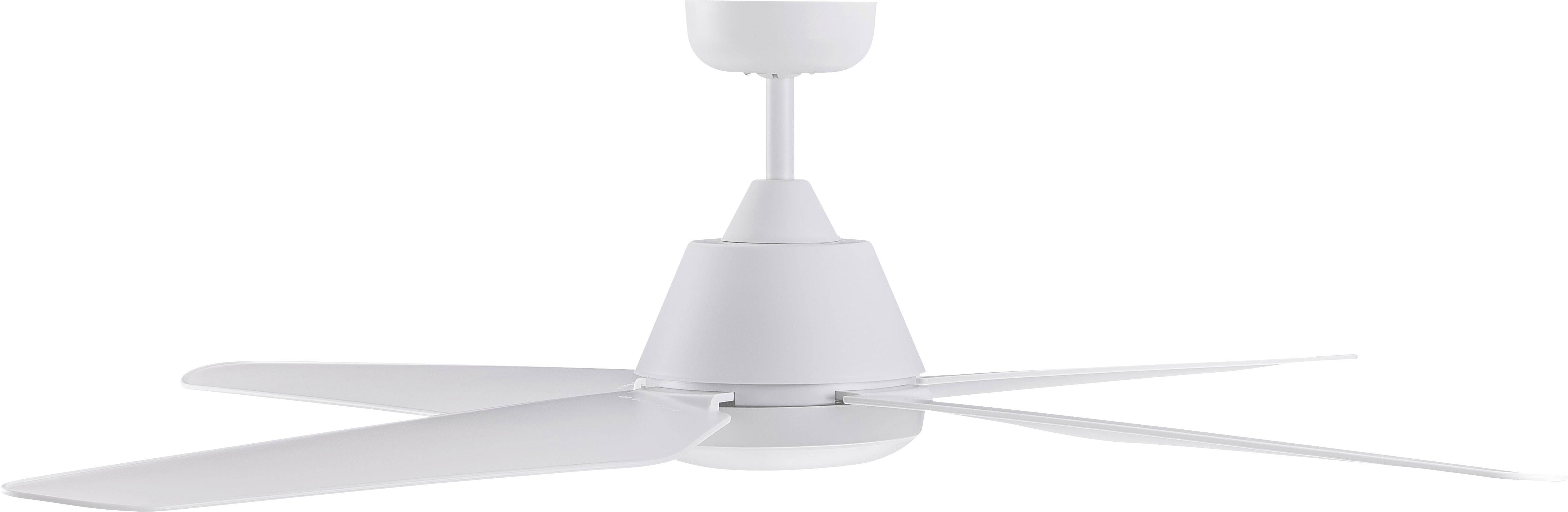 Stropný ventilátor so štyrmi bielymi krídlami, s jednoduchým a moderným dizajnom, vhodný do obytných priestorov alebo kancelárie.