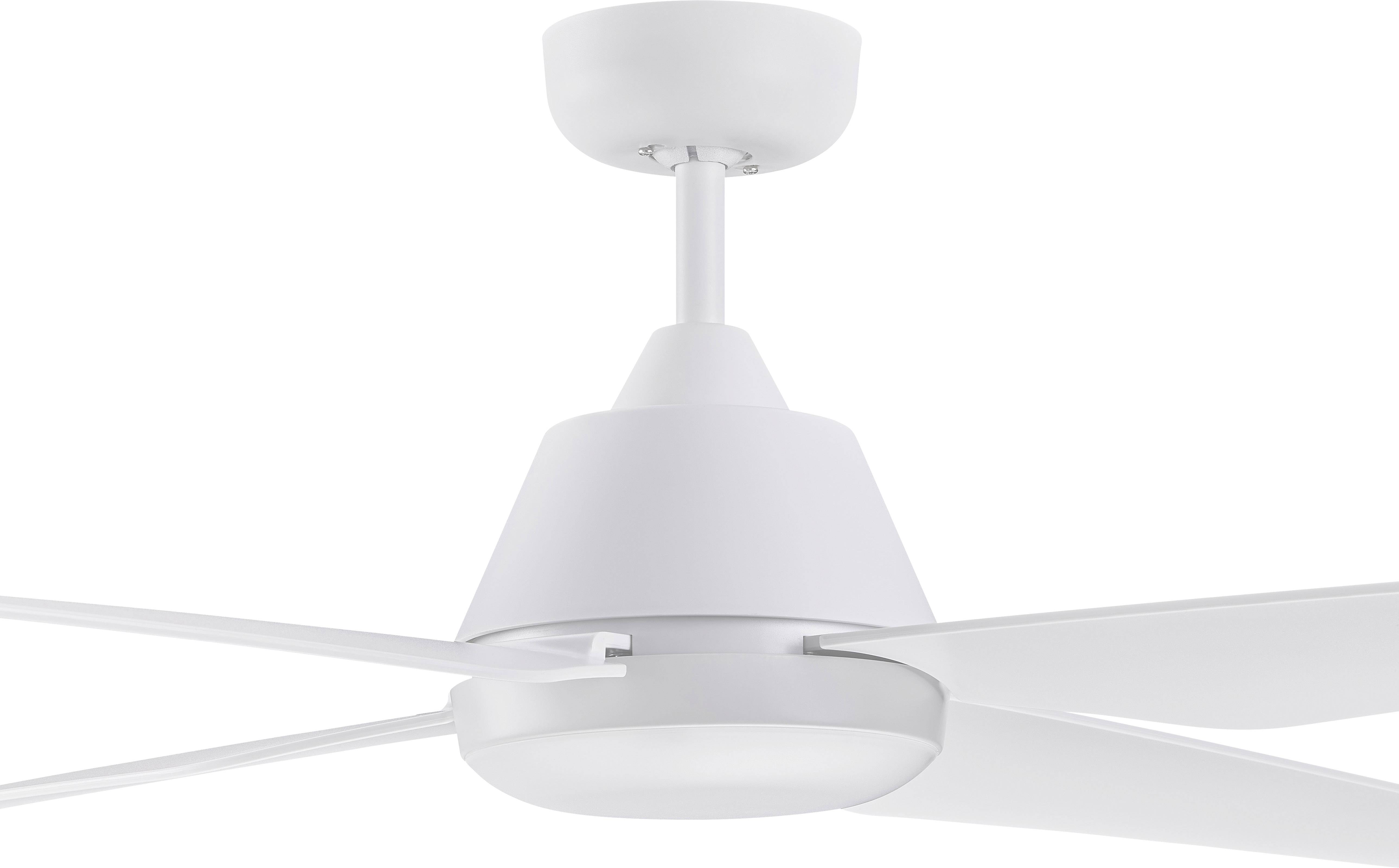 Moderný biely stropný ventilátor so štyrmi plochými krídlami, vhodný pre štýlovú a funkčnú priestorovú klimatizáciu.
