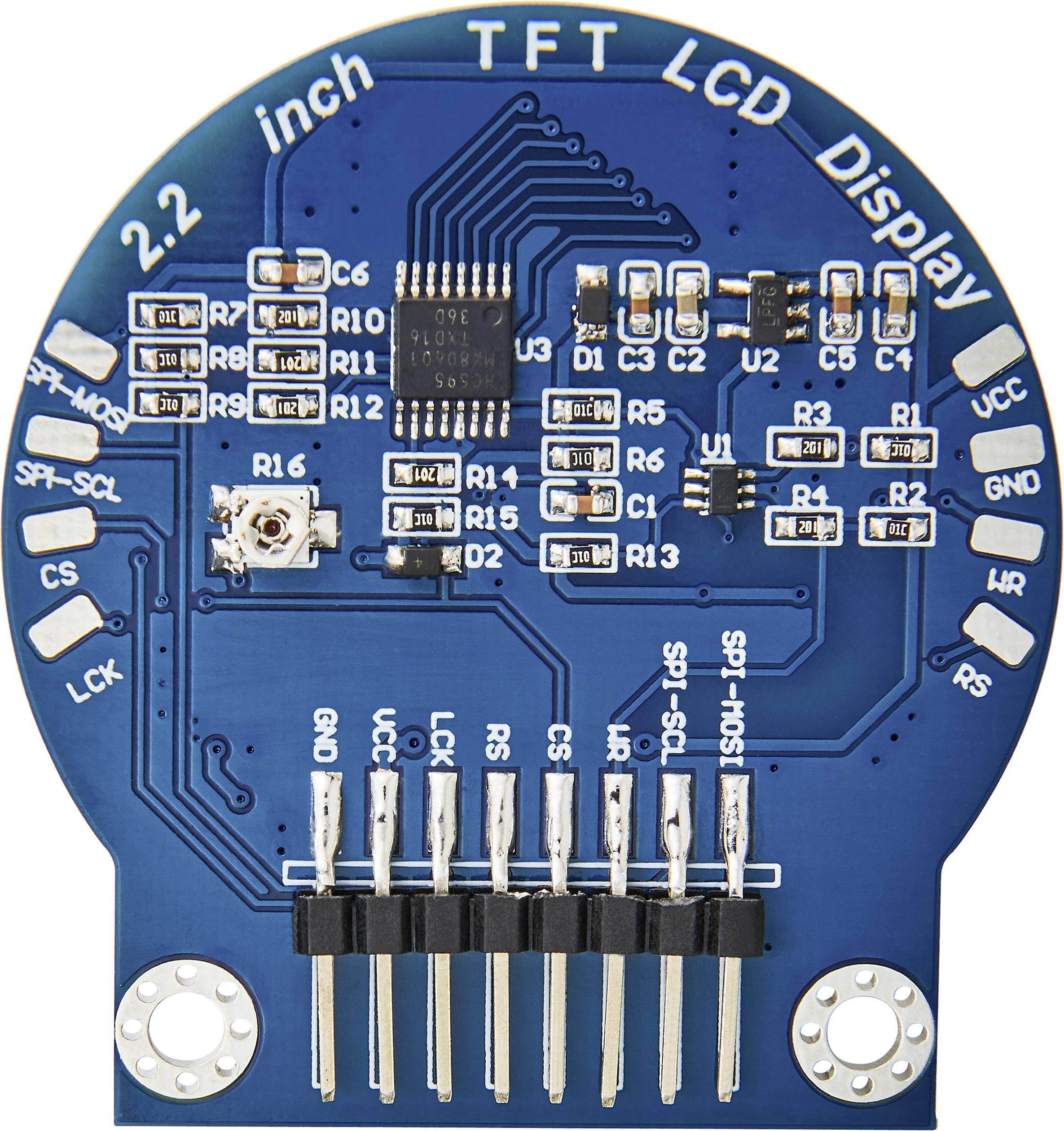 Elektronická doska 2,2-palcového TFT-LCD displeja s viacerými komponentmi a spájkovacími bodmi. Konektory sú umiestnené na spodnom okraji.
