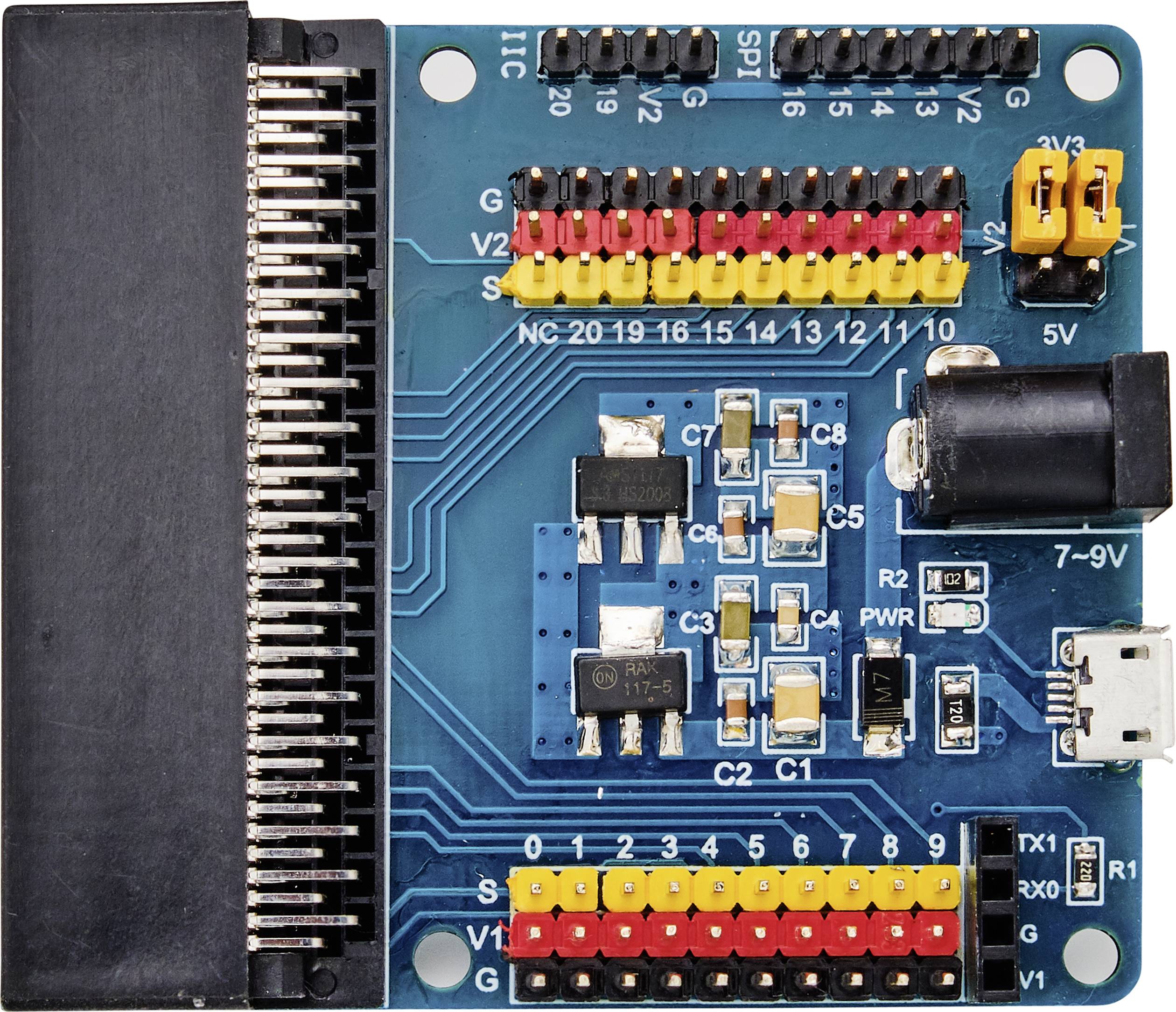 Elektronická doska s rôznymi konektormi vrátane GPIO pinov a napájania. Vhodná na použitie s Raspberry Pi.