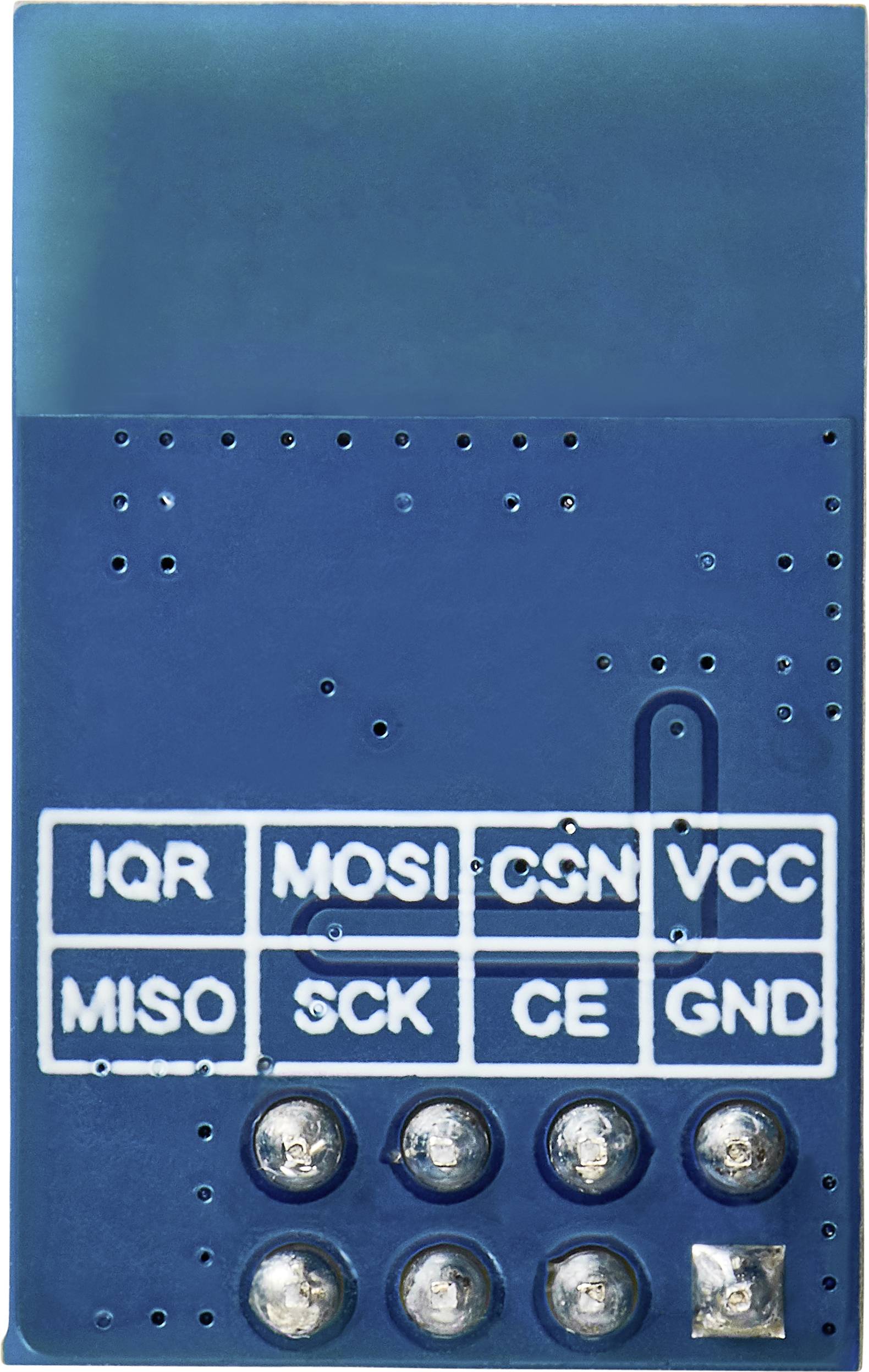 Modrý elektronický modul so šiestimi označenými kontaktmi: 'IRQ', 'MOSI', 'MISO', 'CSN', 'SCK', 'VCC', 'CE', 'GND'.