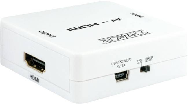Biely AV-na-HDMI konvertor s HDMI portom a USB napájacím vstupom. Rozlíšenie je možné vybrať medzi 720p a 1080p.