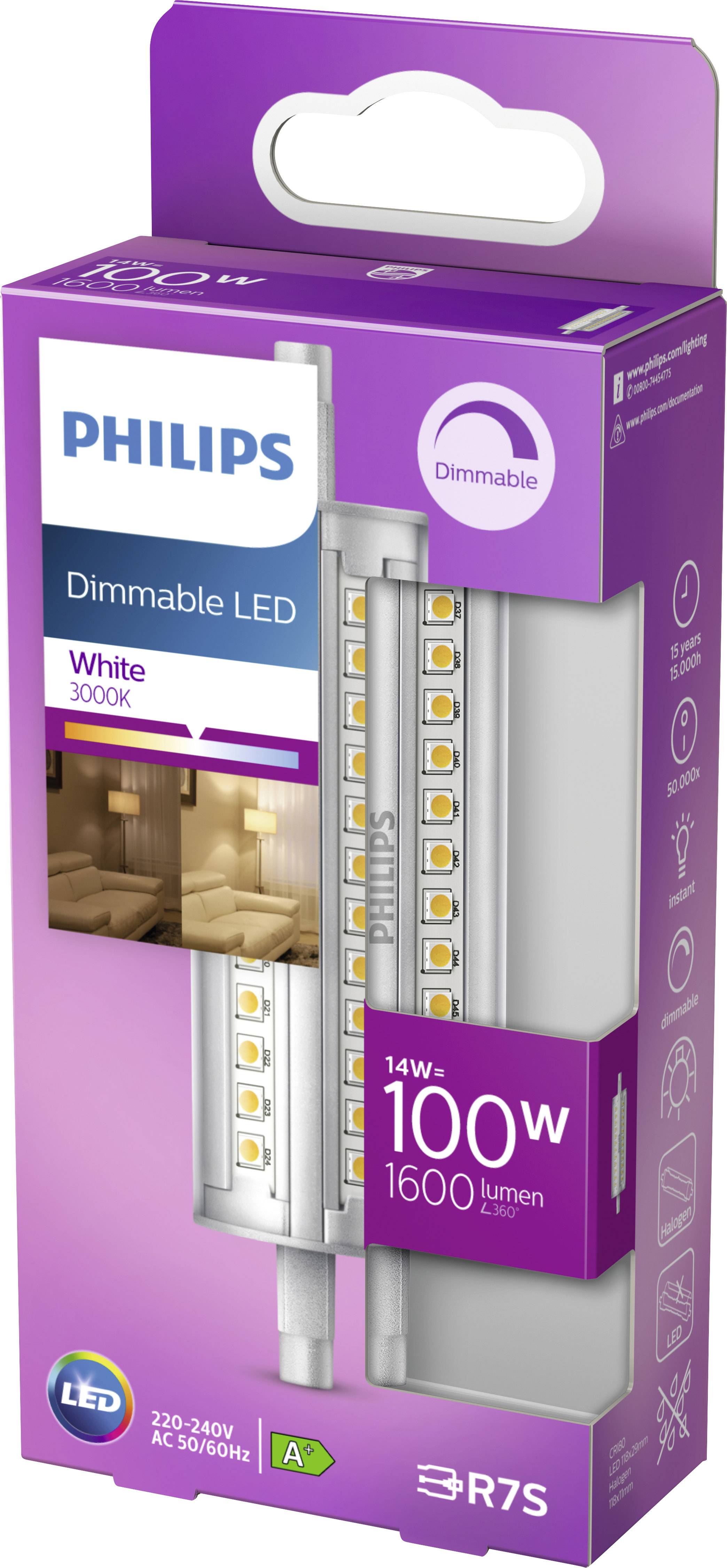 Philips stmievateľná LED žiarovka, ekvivalent 100W, teplá biela 3000K, energetická trieda A+. Obal zobrazuje žiarovku a detaily svetelného výkonu.