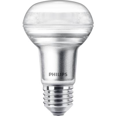 Strieborná LED žiarovka so sokľom E27 a logom 'Philips', vhodná pre úsporné osvetlenie v obytných alebo pracovných priestoroch.