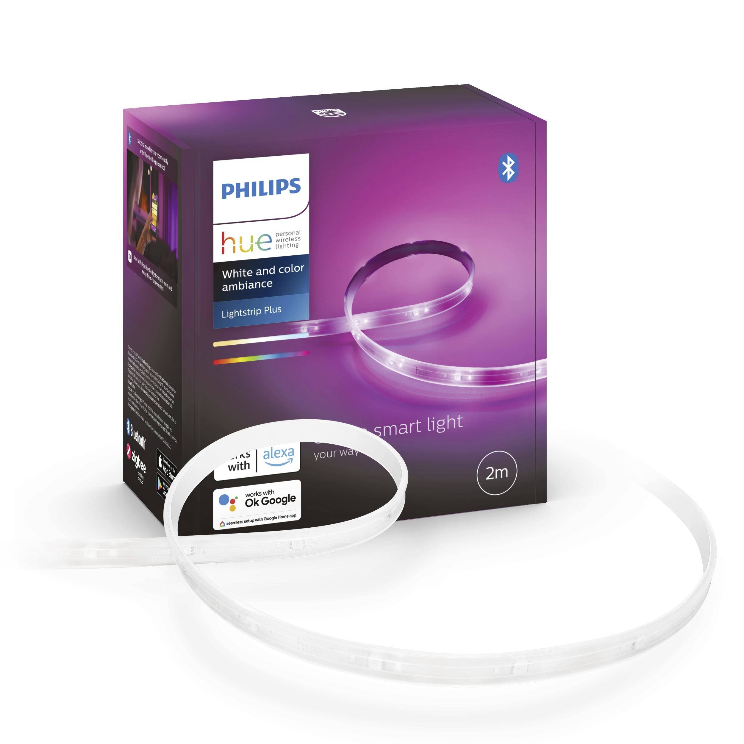 Philips Hue Lightstrip Plus vo fialovom balení, zobrazuje flexibilný LED svetelný pás. Kompatibilný s Alexou a Google Assistantom.