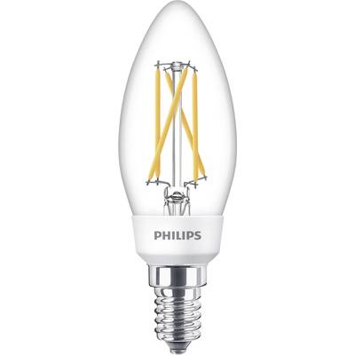 Jasná LED žiarovka v tvare sviečky so syntetickými žiarivými vláknami a striebornou päticou E14 od značky Philips.