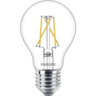 Priehľadná žiarovka so viditeľnými vláknami, pričom pod ňou je nápis 'Philips'.