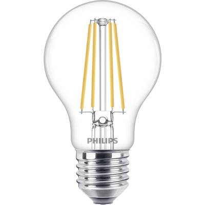 LED žiarovka so zeiteľnými vláknami, typický dizajn A60, od značky Philips. Energeticky úsporné svetelné riešenie.