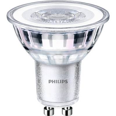 LED žiarovka značky Philips so päticou GU10, priehľadným krytom a strieborným soklom, vhodná pre úsporné osvetlenie.