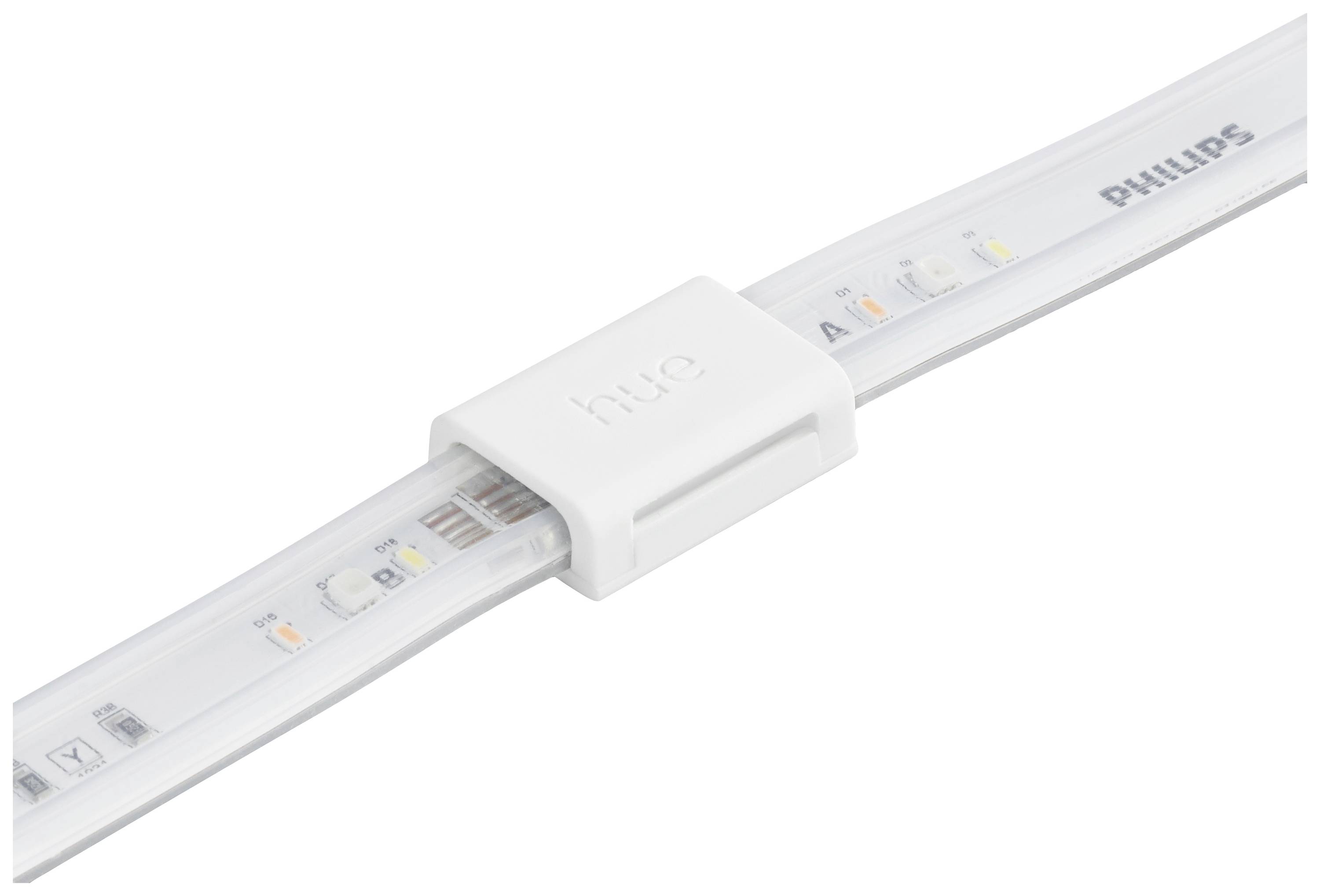 Svetelná reťaz od Philips Hue s ohnutým bielym pásom, na ktorom sú rovnomerne rozmiestnené LED svetlá.