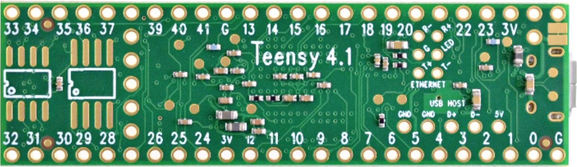Zelená doska mikrokontroléra Teensy 4.1 s početným počtom pripájacích bodov, komponentov a nápisom 'Teensy 4.1'.