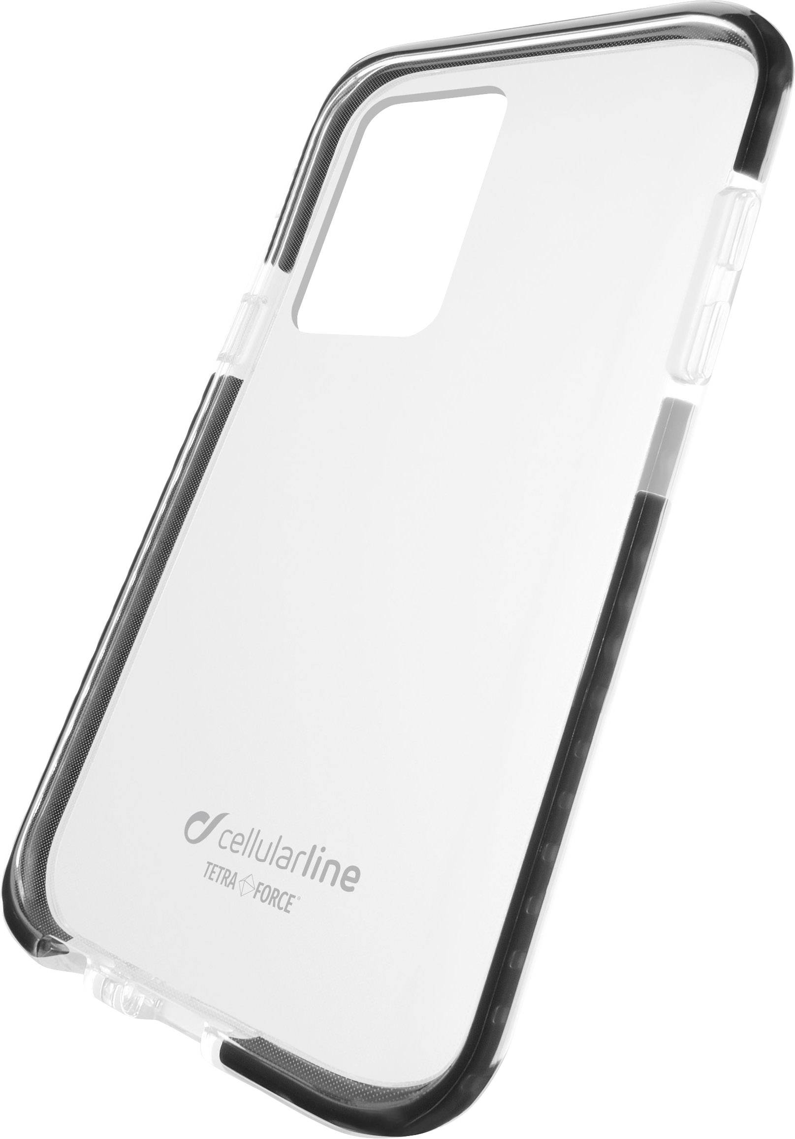 Priehľadný plastový kryt na mobilný telefón, vhodný na ochranu smartfónu. Značkové logo 'cellularline' a názov modelu 'Tetra Force'.