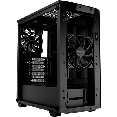 Čierna, prázdna počítačová skrinka s bočným oknom a dvoma vstavaným ventilátorom. Na ventilátoroch je viditeľné logo 'be quiet!'.