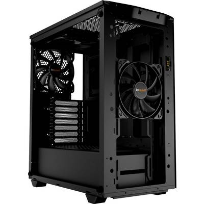 Čierna PC skrinka s otvoreným dizajnom, s dvoma zabudovanými ventilátormi od 'be quiet!' pre optimálne vetranie, vhodná pre inštaláciu počítačového hardvéru.
