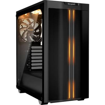 Čierna PC skrinka so oranžovými LED pásikmi a ventilátorom na zadnej strane, bočné sklenené okno, značka 'be quiet!'.