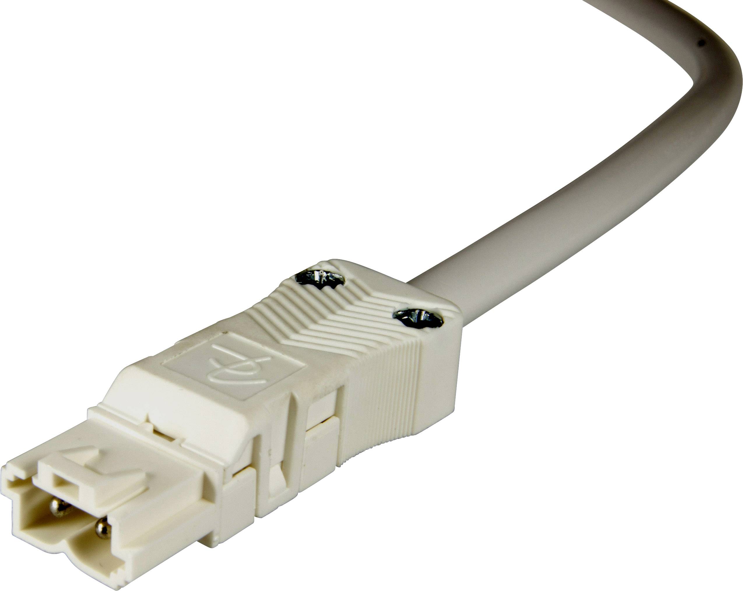Biely elektrický kábel s obdĺžnikovým zástrčkovým konektorom na konci. Konektor má dve skrutky hore a vytlačený symbol.