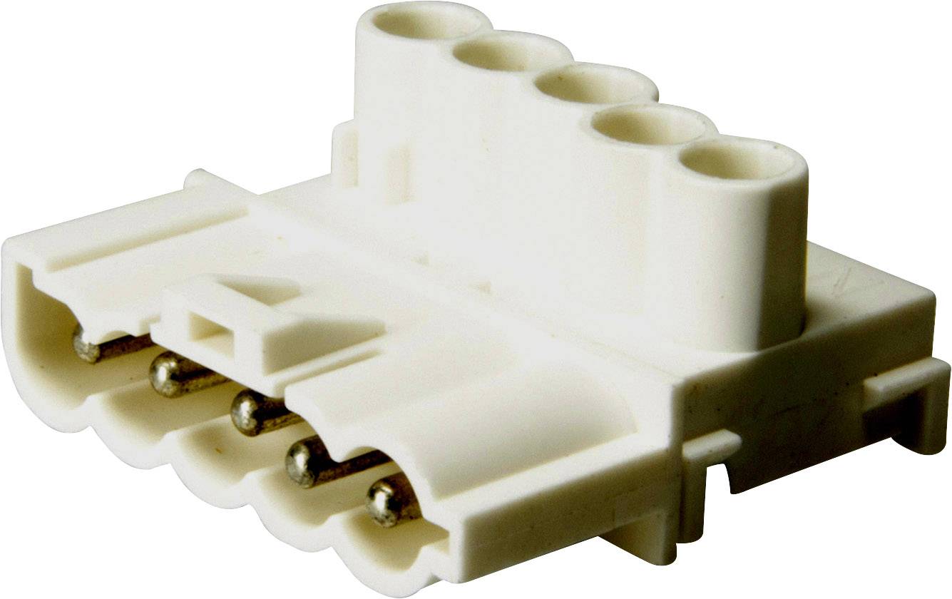 Biely elektrický konektor so štyrmi okrúhlymi zásuvkami a kovovými kontaktmi, ktorý sa používa v elektronických zariadeniach.