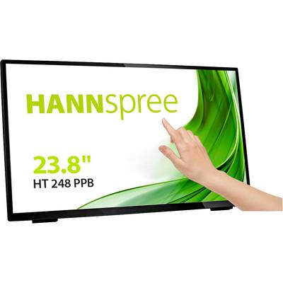 Dotykový monitor značky HANNspree s označením '23,8" HT 248 PPB'. Ruka sa dotýka obrazovky.