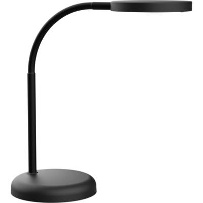 Minimalistická čierna stolová lampa so zahnutým krkom a okrúhlym tienidlom na stabilnej, okrúhlej podstave.