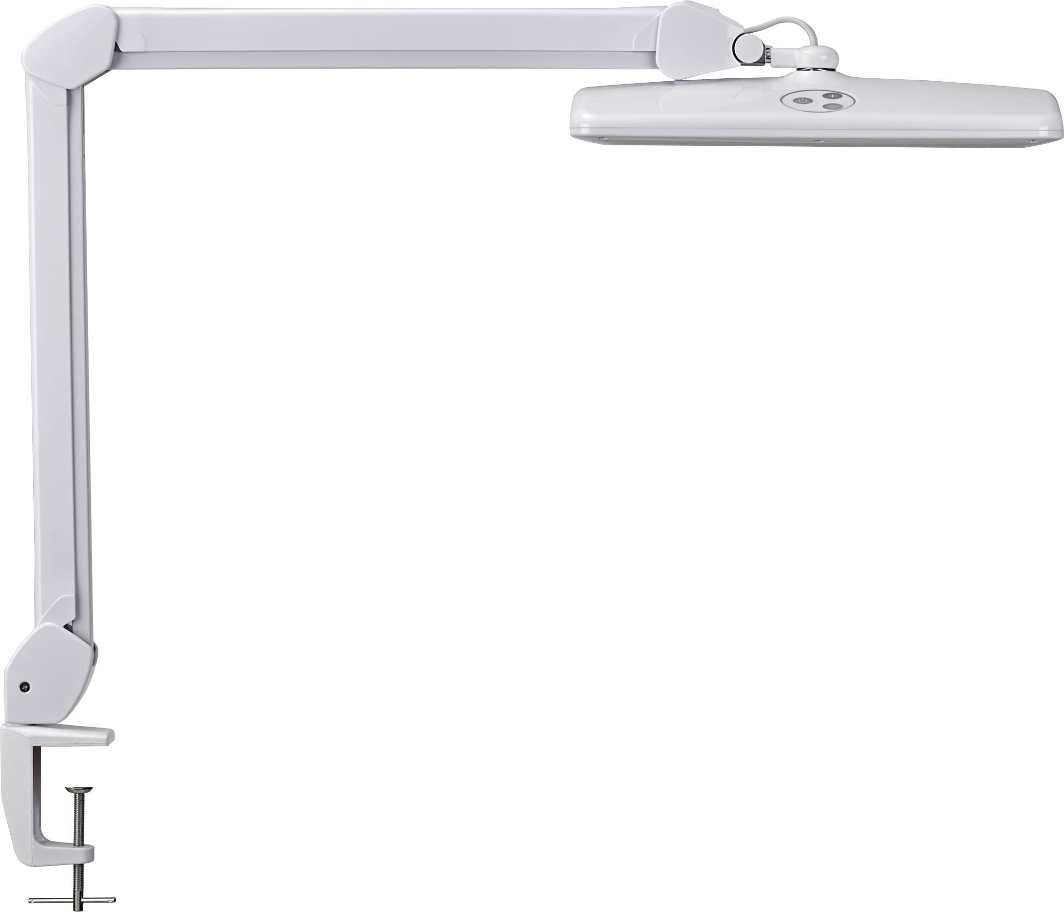 Biela LED stolná lampa s flexibilným kĺbovým ramenom na upevnenie na hranu stola. Ideálna pre cielenené osvetlenie.