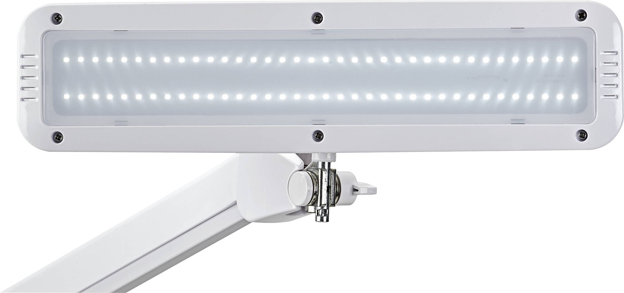 Biela obdĺžniková LED lampa s viacerými malými svetlami usporiadanými v líniách. Je namontovaná na nastaviteľnom ramene.