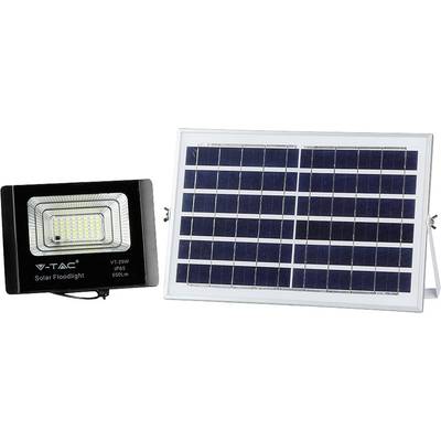 V-TAC solárny LED reflektor a solárny panel, používaný pre vonkajšie osvetlenie, energeticky úsporný a šetrný k životnému prostrediu.