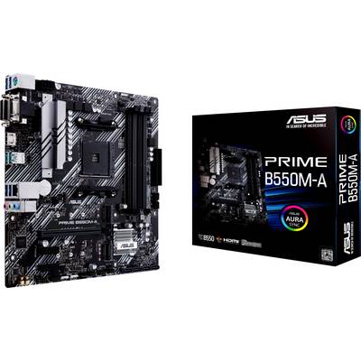 Na obrázku je základná doska ASUS Prime B550M-A vedľa jej obalu. Základná doska má PCIe sloty a USB porty.