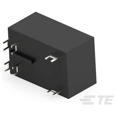 Trojrozmerný model obdĺžnikového čierneho elektronického súčiastky s kovovými kolíkmi, pravdepodobne relé, zobrazujúci logo TE v pravom dolnom rohu.