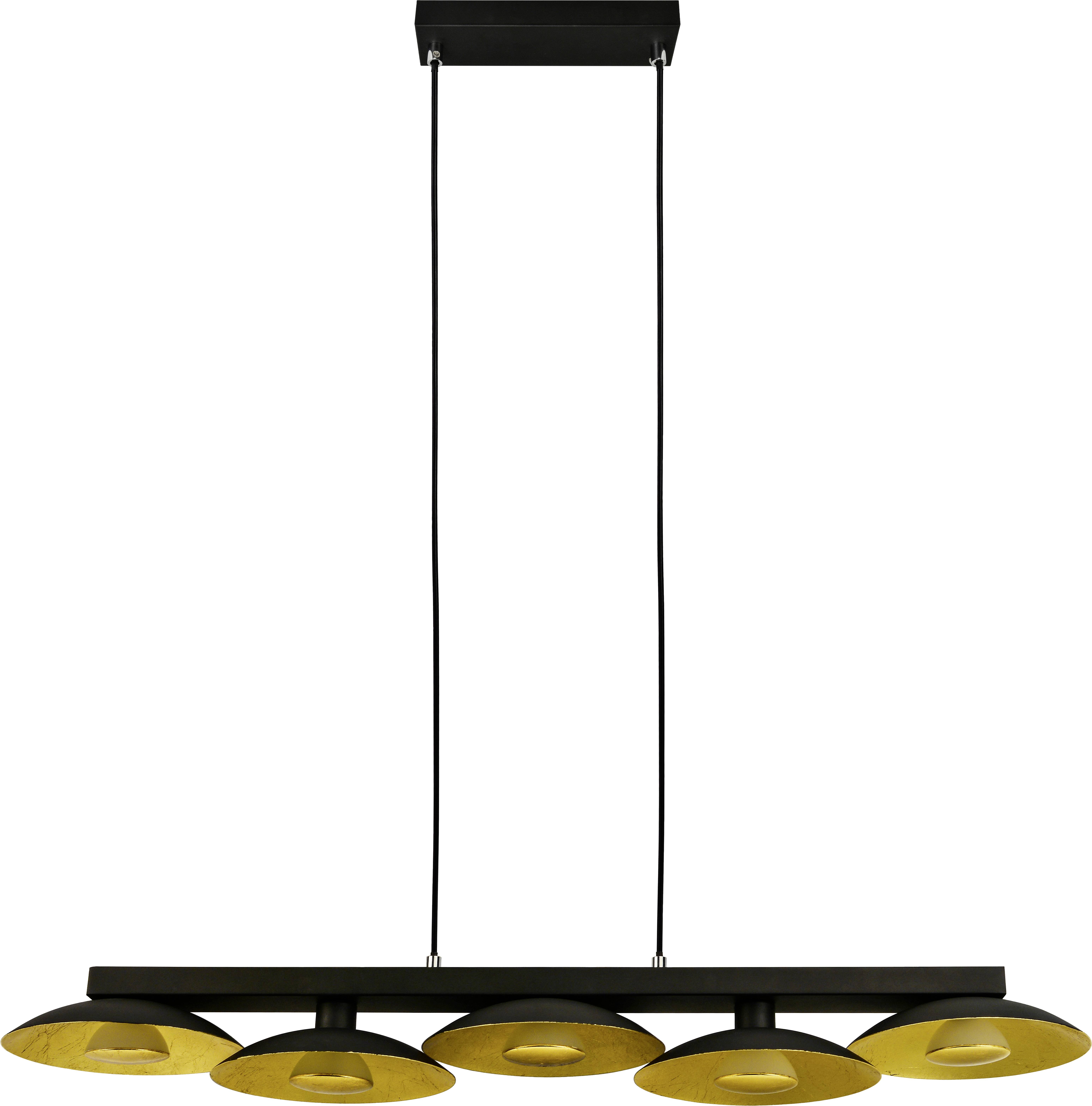 Čierna závesná lampa so štyrmi zlatými vnútornými stranami, obdĺžniková základňa a dva káble. Moderný dizajn pre interiérové osvetlenie.
