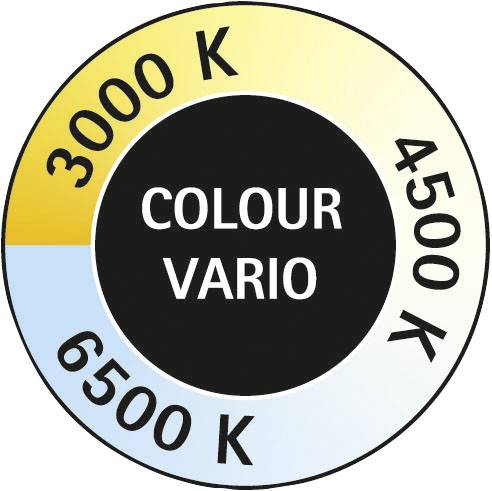 Obrázok zobrazuje diagram farebného spektra s teplotnými hodnotami 3000 K, 4500 K a 6500 K, označený ako 'COLOUR VARIO'.