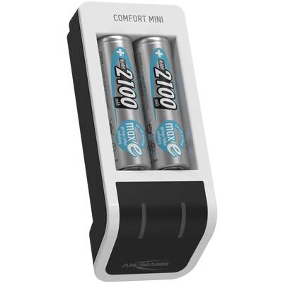 Nabíjačka s dvoma vloženými batériami AA typu 'maxE 2100 mAh', názov značky je uvedený v spodnej časti zariadenia.