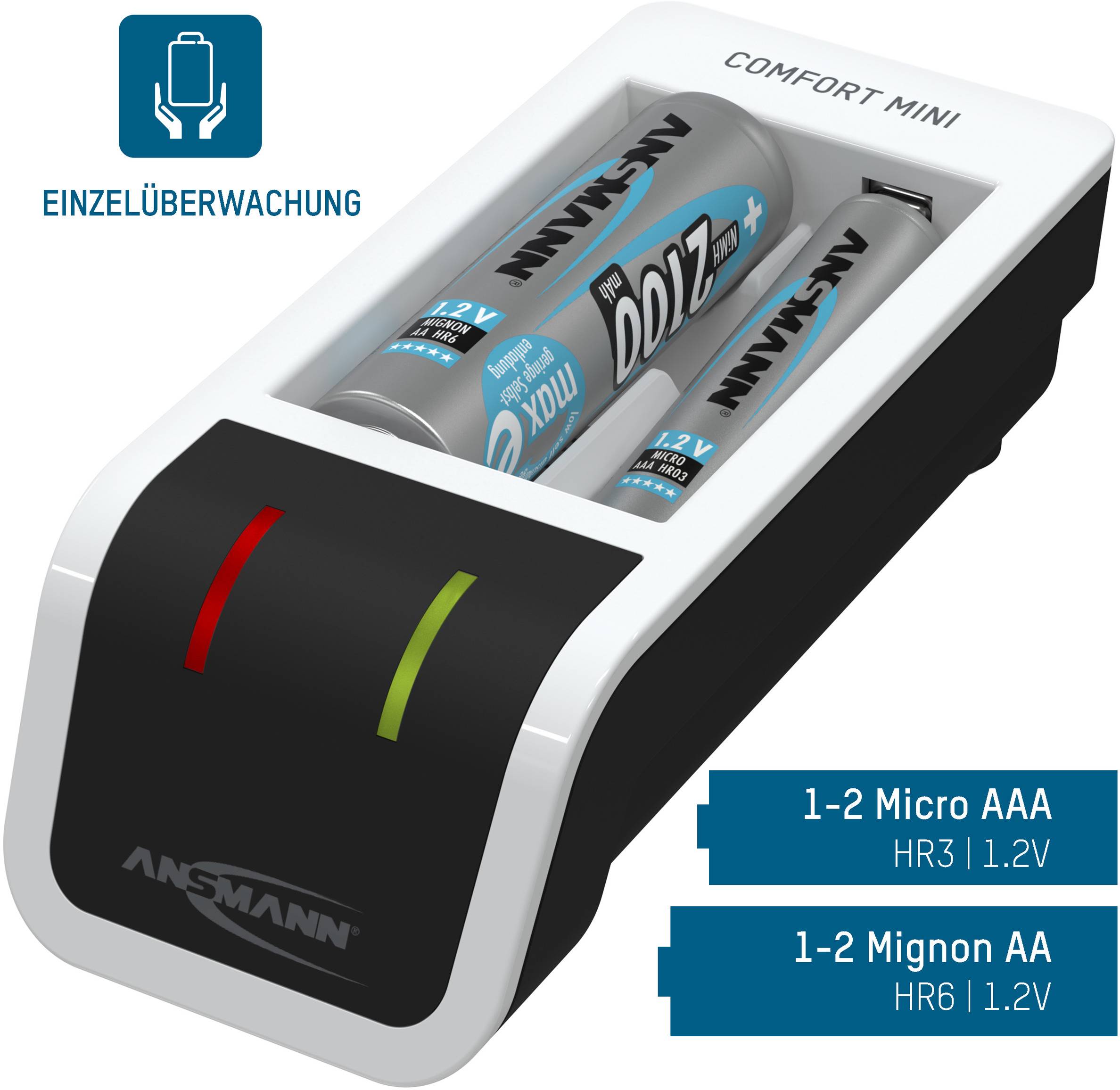 Nabíjačka Ansmann Comfort Mini s dvoma nabíjateľnými batériami AA. Indikátor stavu nabíjania so zeleným a červeným svetlom.