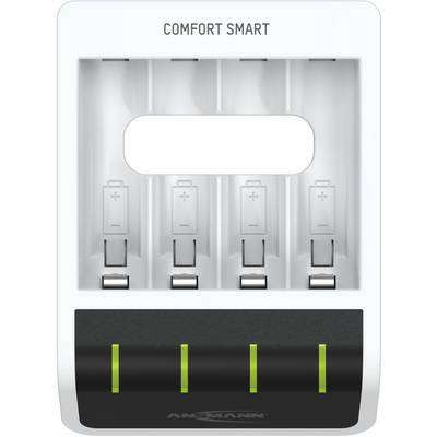 Nabíjačka so štyrmi batériovými slotmi, zelenými LED indikátormi a nápisom 'Comfort Smart' v hornej časti.