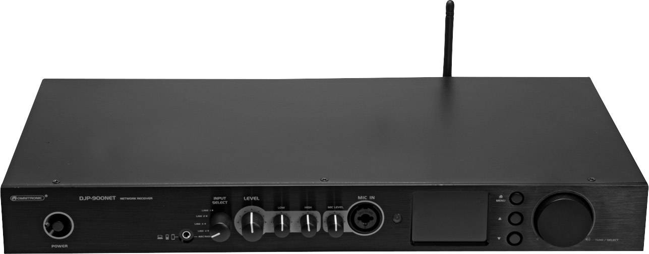 Čierny audio receiver s anténou, viacerými ovládacími gombíkmi a displejom.