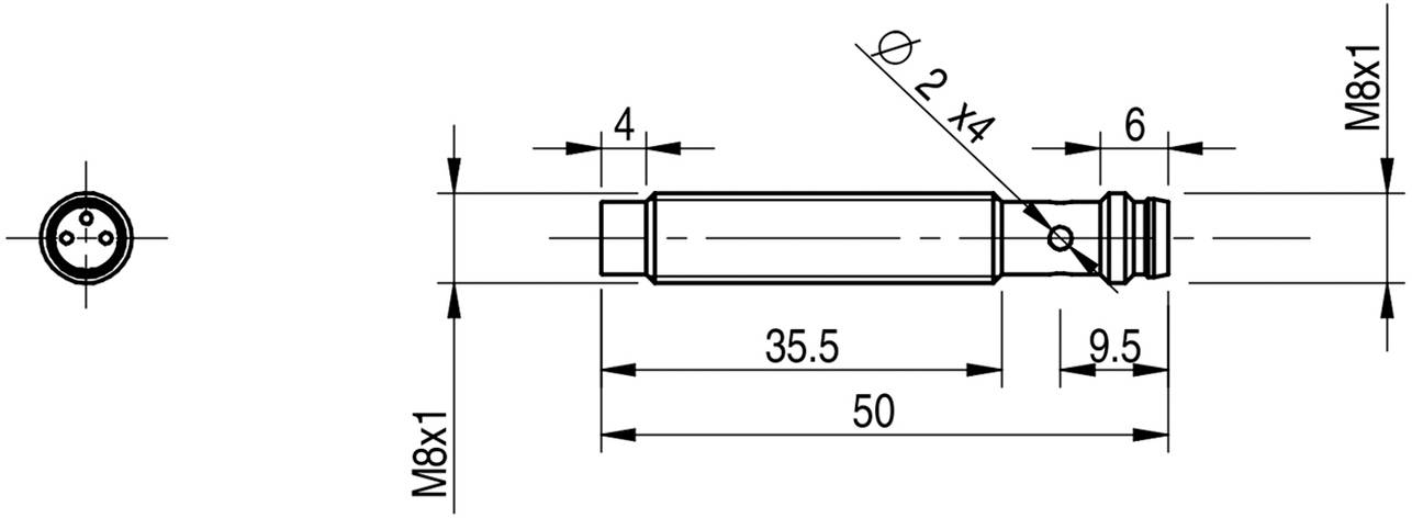 Technický výkres valcovitej súčiastky s rozmermi: Celková veľkosť 50 mm, priemer Ø2x4, závit M8x1. Pohľad z boku a spredu.