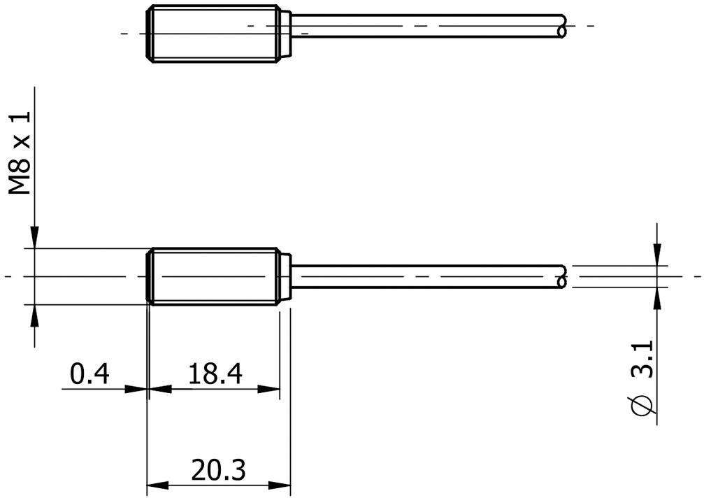 Technický výkres valcového snímača s rozmermi: M8 x 1, dĺžka 20,3 mm, priemer 3,1 mm, s podrobnými údajmi o vzdialenostiach.