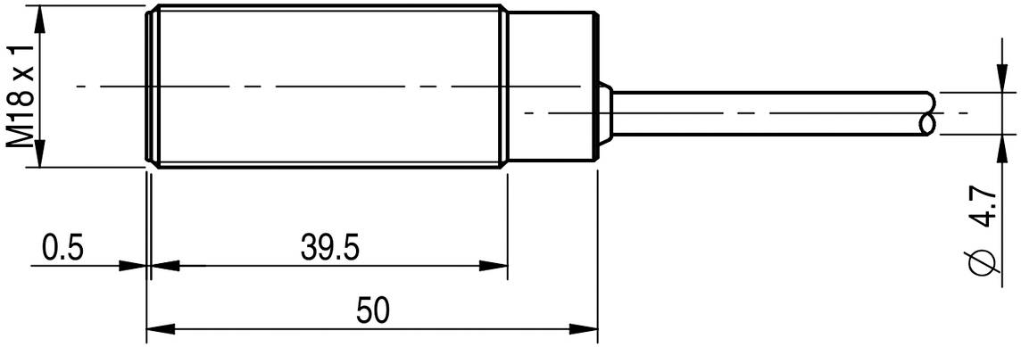 Technický výkres valcovitej súčasti s rozmermi: celková dĺžka 50 mm, priemer 4,7 mm. Závit M18 x 1.
